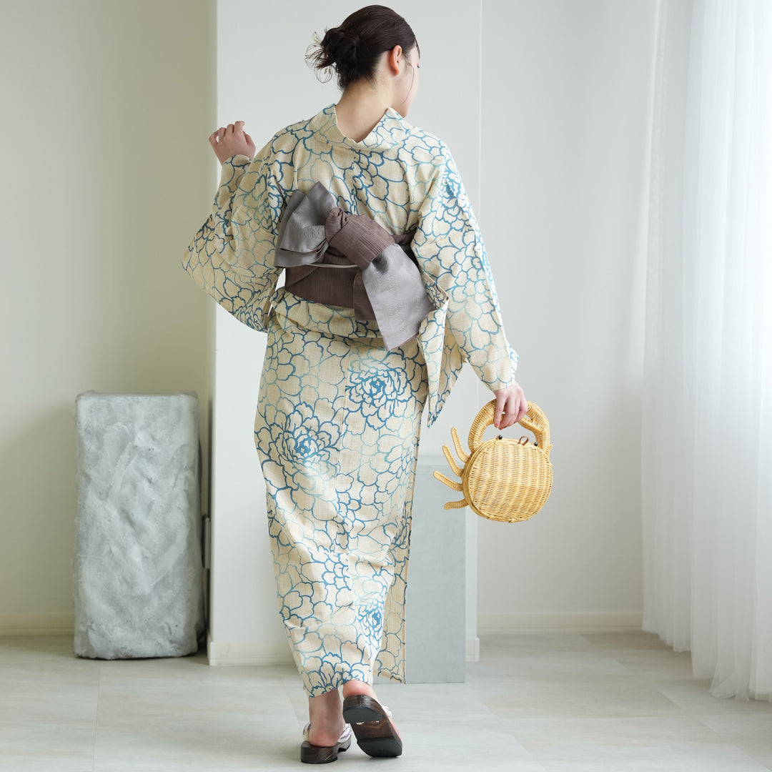 綿麻 浴衣3点セット（浴衣・帯・下駄）先染めベージュ・薄青ひろがる