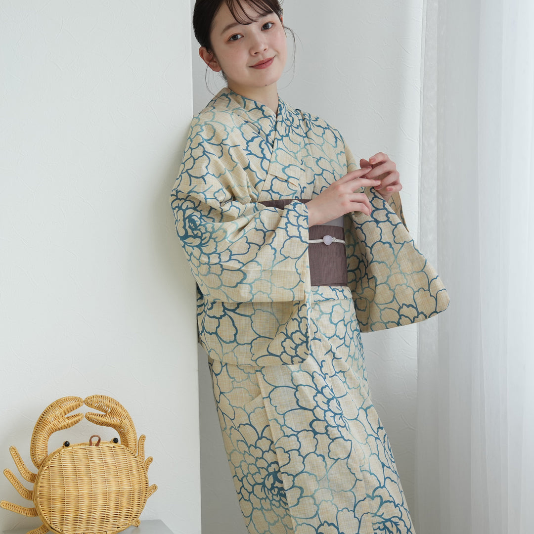 画像の帯+お任せ帯締め帯留めつき◆最高級【綿麻浴衣】ベージュに紺色紫陽花 綿麻 浴衣3点セット（浴衣・帯・下駄）先染めベージュ・薄青ひろがる