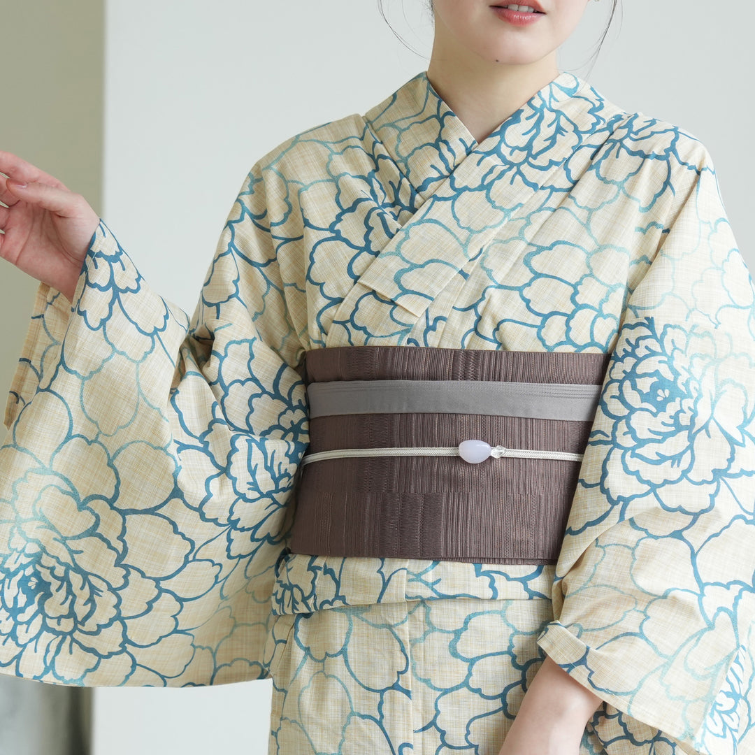 綿麻 浴衣3点セット（浴衣・帯・下駄）先染めベージュ・薄青ひろがる