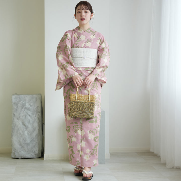 三松しゃら　綿浴衣　ドット　桃色系（ピンク） 綿麻 浴衣3点セット（浴衣・帯・下駄）先染めベージュ・ピンクに桔梗