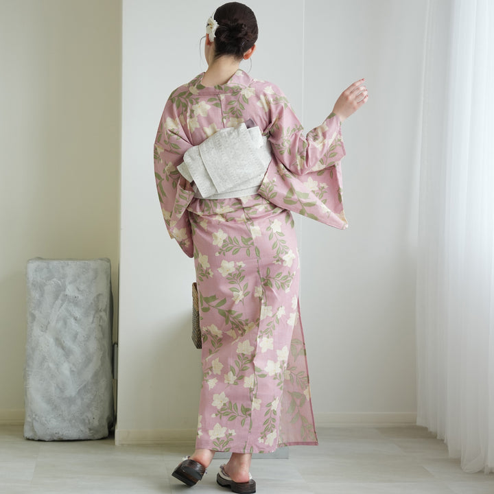 utatane浴衣 ピンク ベージュ 綿麻 浴衣3点セット（浴衣・帯・下駄）先染めベージュ・ピンクに桔梗