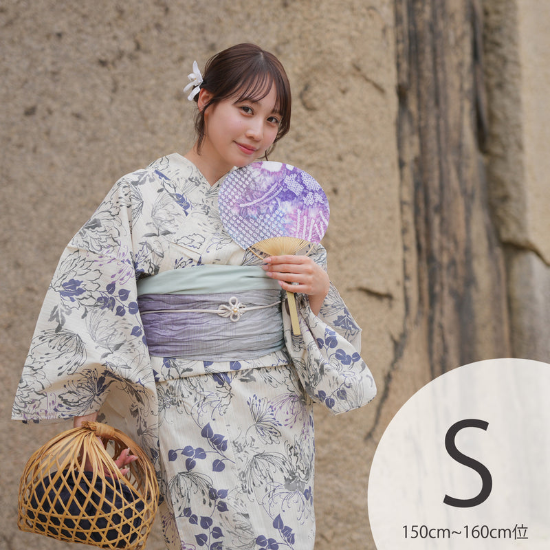 浴衣3点セット（浴衣/帯/下駄） utatane S プチサイズ（身長150-160cm）ベージュにはんなり糸菊（5011220511）