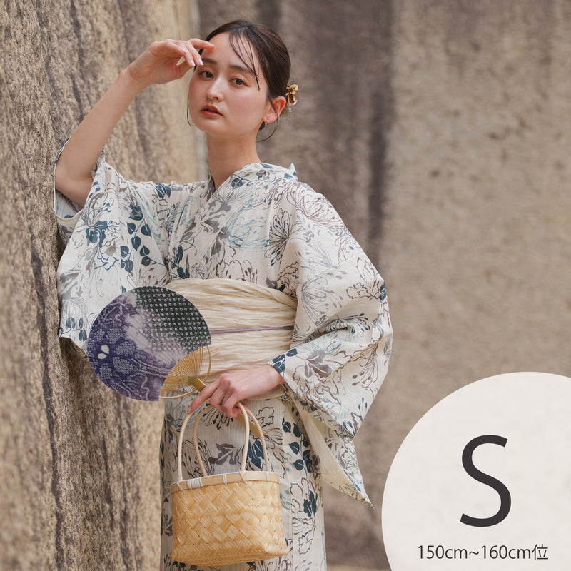 浴衣3点セット（浴衣/帯/下駄） utatane S プチサイズ（身長150-160cm）ベージュにみずみずしい糸菊（5011220811）