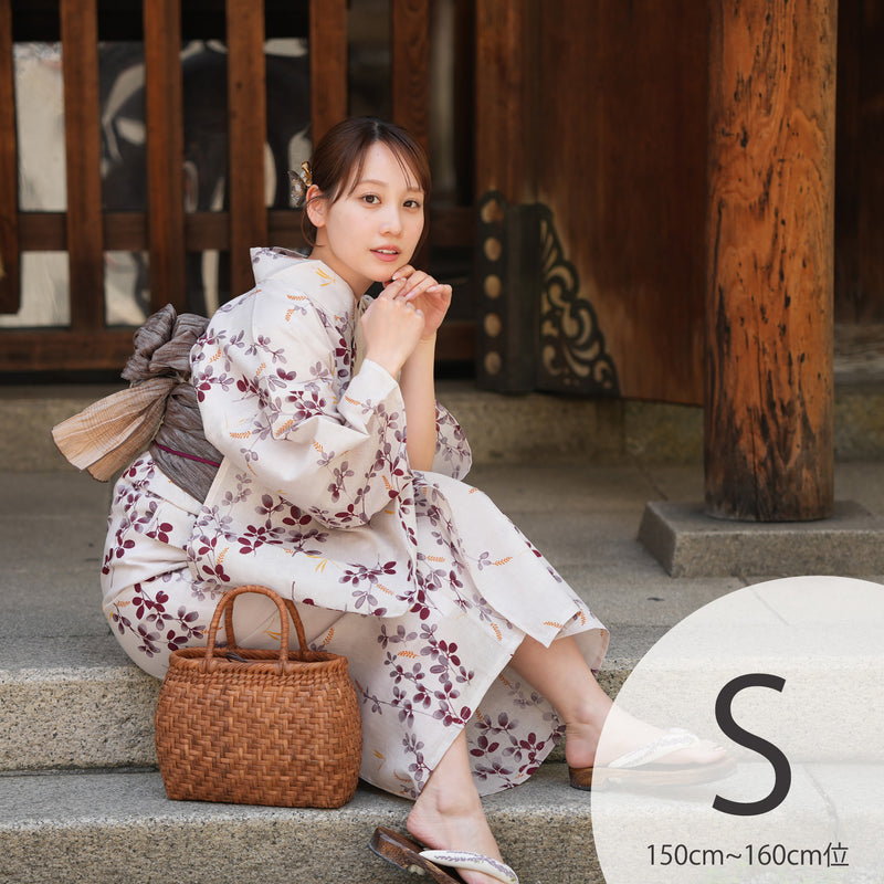 【utatane 高級変わり織 浴衣3点セット ( ゆかた・帯・下駄 ) いちご色に溶け込む萩とトンボ】 Sサイズ（150-160cm） 国産生地 国内染色　昭和初期アンティーク復刻版（5011266911）