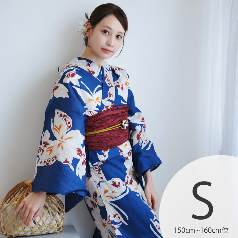 【utatane 高級変わり織 浴衣3点セット ( ゆかた・帯・下駄 )瑠璃青に揚羽】 Sサイズ（150-160cm） 国産生地 国内染色　個性派きもの（5011267111）
