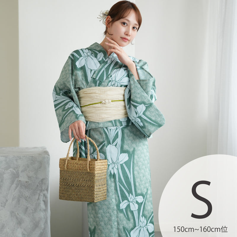 【utatane 高級変わり織 浴衣3点セット ( ゆかた・帯・下駄 ) 翡翠に菖蒲】Sサイズ（150-160cm） 国産生地 国内染色　昭和初期アンティーク復刻版（5011268711）