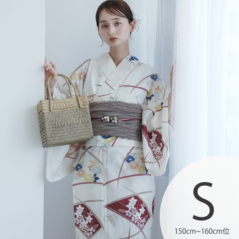 【utatane 高級変わり織 浴衣3点セット ( ゆかた・帯・下駄 ) クリームに露芝紋の古典花】 Sサイズ（150-160cm） 国産生地 国内染色　昭和初期アンティーク復刻版（5011269011）