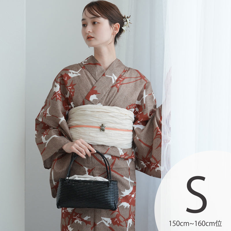 【utatane 高級変わり織 浴衣3点セット ( ゆかた・帯・下駄 ) ココアと赤茶のあざみ砂嵐】Sサイズ（150-160cm） 国産生地 国内染色　昭和初期アンティーク復刻版（5011269211）