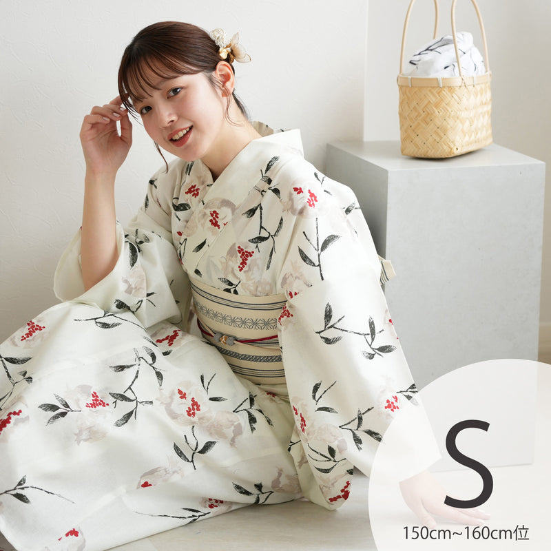 【ニコアンティーク 高級変わり織 浴衣3点セット ( ゆかた・帯・下駄 )オフホワイトに柘榴】 Sサイズ（150-160cm） 国産生地 国内染色　個性派きもの（5011269911）