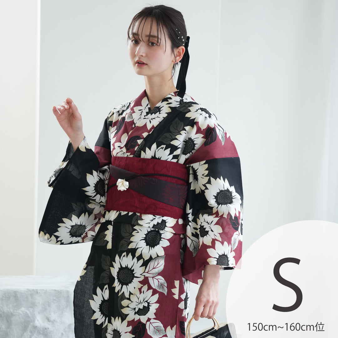 【美品】anan高級ゆかた　浴衣　夏着物　黒地　花柄　ゆり　定価2万　3点セット myMinette 浴衣 レディース 黒地 しだれ桜 ゆかた2点セット 平帯