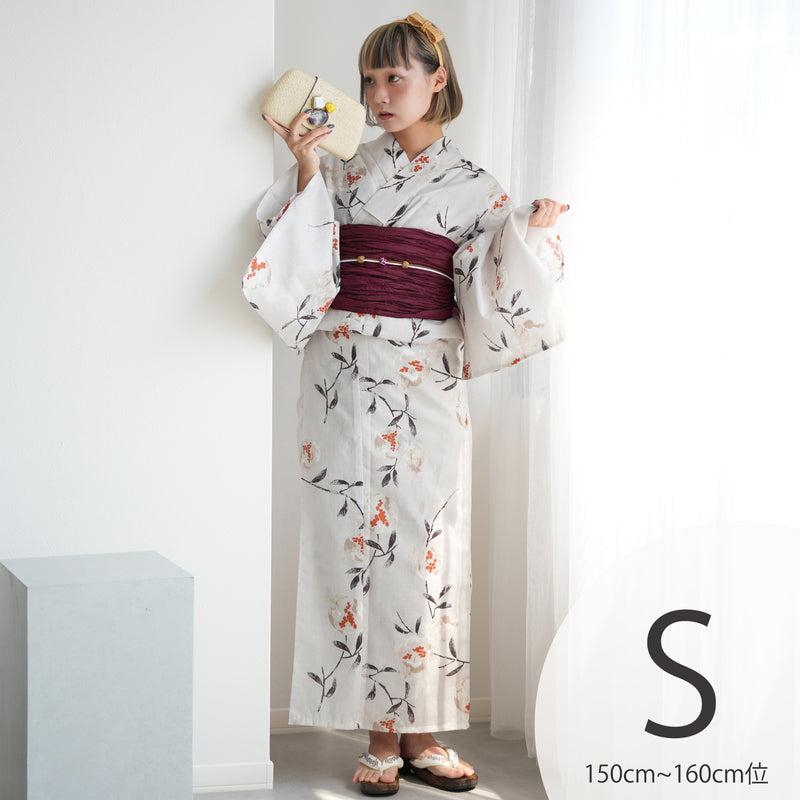 【ニコアンティーク 高級変わり織 浴衣3点セット ( ゆかた・帯・下駄 )淡いグレーに柘榴】 Sサイズ（150-160cm） 国産生地 国内染色　個性派きもの（5011270311）
