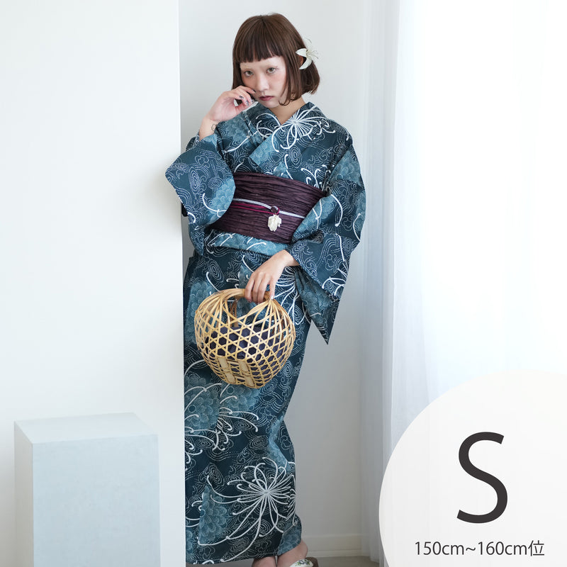 【ニコアンティーク 高級変わり織 浴衣3点セット ( ゆかた・帯・下駄 ) 深海の菊づくしと渦波】Sサイズ（150-160cm） 国産生地 国内染色　個性派きもの（5011271311）