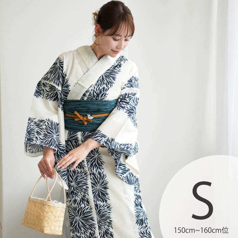 【ニコアンティーク 高級変わり織 浴衣3点セット ( ゆかた・帯・下駄 )クリーム麻の葉と鉄紺よろけ菊】 Sサイズ（150-160cm） 国産生地 国内染色　個性派きもの（5011271611）