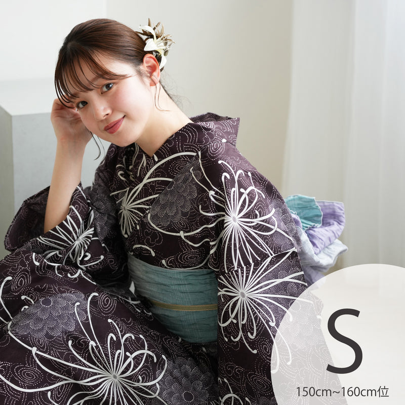 【ニコアンティーク 高級変わり織 浴衣3点セット ( ゆかた・帯・下駄 )古代紫の菊づくしと渦波】Sサイズ（150-160cm） 国産生地 国内染色　個性派きもの（5011271711）