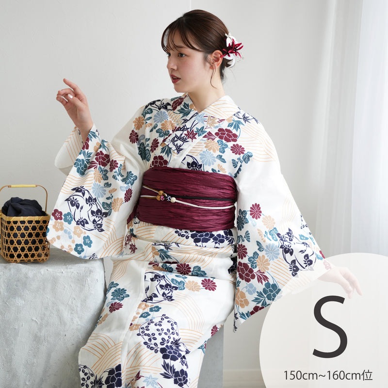 【utatane 高級変わり織 浴衣3点セット ( ゆかた・帯・下駄 ) きなりにえんじとからしの花輪】 Sサイズ（150-160cm） 国産生地 国内染色　昭和初期アンティーク復刻版（5011272211）