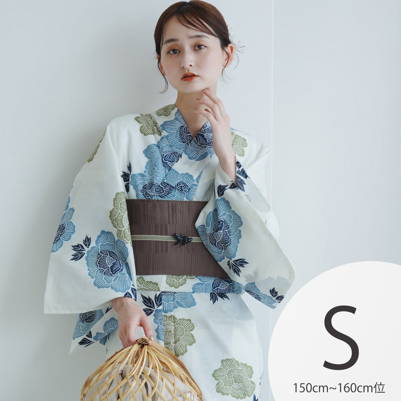 【utatane 高級変わり織 浴衣3点セット ( ゆかた・帯・下駄 ) 水色と青磁色の牡丹】 Sサイズ（150-160cm） 国産生地 国内染色　昭和初期アンティーク復刻版（5011273511）