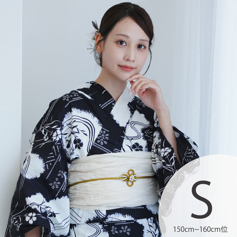 【utatane 高級変わり織 浴衣3点セット ( ゆかた・帯・下駄 ) 濃紺に撫子瓢箪】 Sサイズ（150-160cm） 国産生地 国内染色　昭和初期アンティーク復刻版（5011276411）