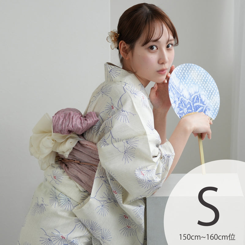 【utatane 高級変わり織 浴衣3点セット ( ゆかた・帯・下駄 ) クリームに涼しげな松花火】Sサイズ（150-160cm） 国産生地 国内染色　昭和初期アンティーク復刻版（5011276511）