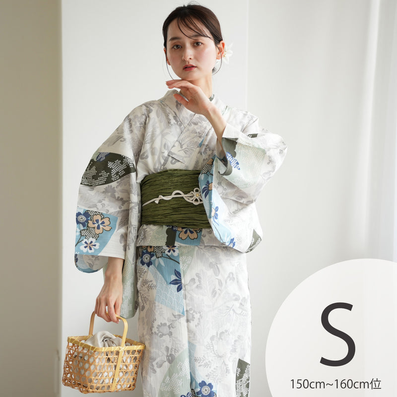 【utatane 高級変わり織 浴衣3点セット ( ゆかた・帯・下駄 )  ラムネ色の扇面と儚い花】Sサイズ（150-160cm） 国産生地 国内染色　昭和初期アンティーク復刻版（5011278011）