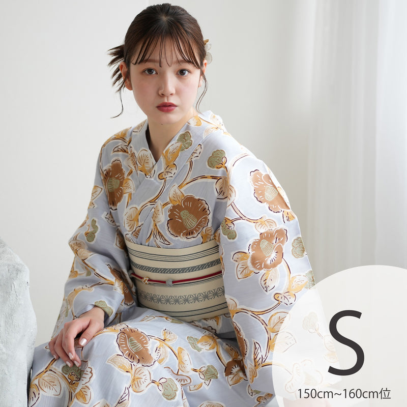 【utatane 高級変わり織 浴衣3点セット ( ゆかた・帯・下駄 )ブルーグレーに椿唐草】Sサイズ（150-160cm） 国産生地 国内染色　昭和初期アンティーク復刻版（5011278211）