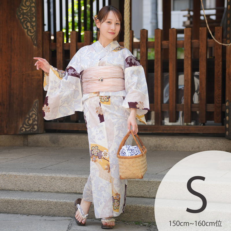 【utatane 高級変わり織 浴衣3点セット ( ゆかた・帯・下駄 ) 山吹色の扇面と儚い花】Sサイズ（150-160cm） 国産生地 国内染色　個性派きもの（5011278411）
