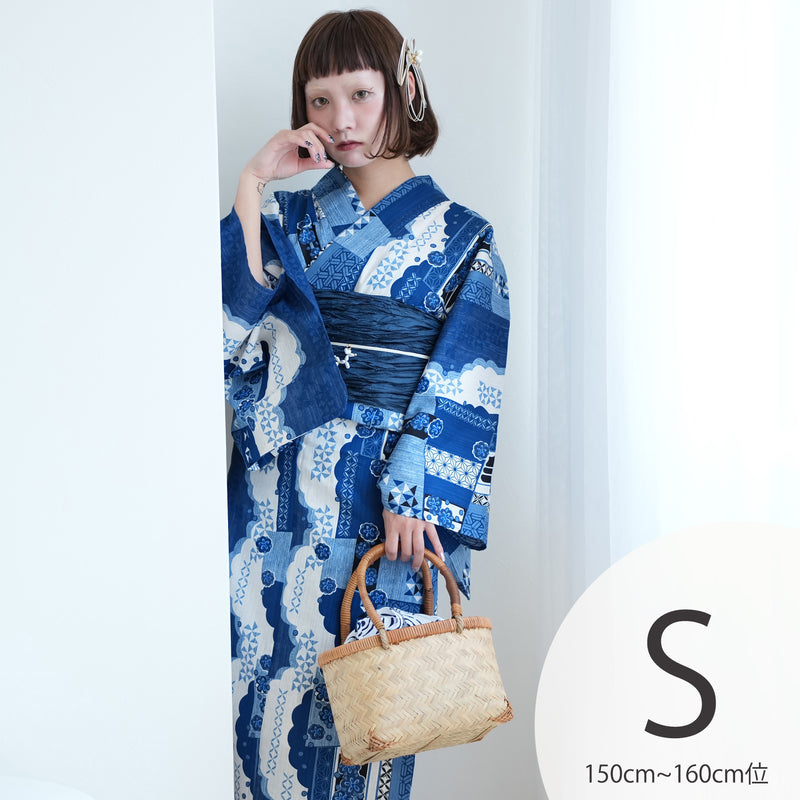 【ニコアンティーク 高級変わり織 浴衣3点セット ( ゆかた・帯・下駄 ) スカラップ雲取 ブルー】Sサイズ（150-160cm） 国産生地 国内染色　個性派きもの（5011280311）