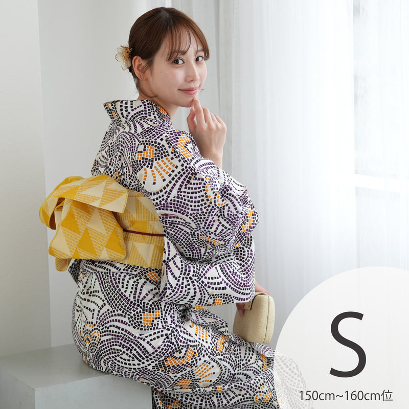 【ニコアンティーク 高級変わり織 浴衣3点セット ( ゆかた・帯・下駄 ) チューリップモザイク マスタード】 Sサイズ （150-160cm）国産生地 国内染色　個性派きもの（5011280911）