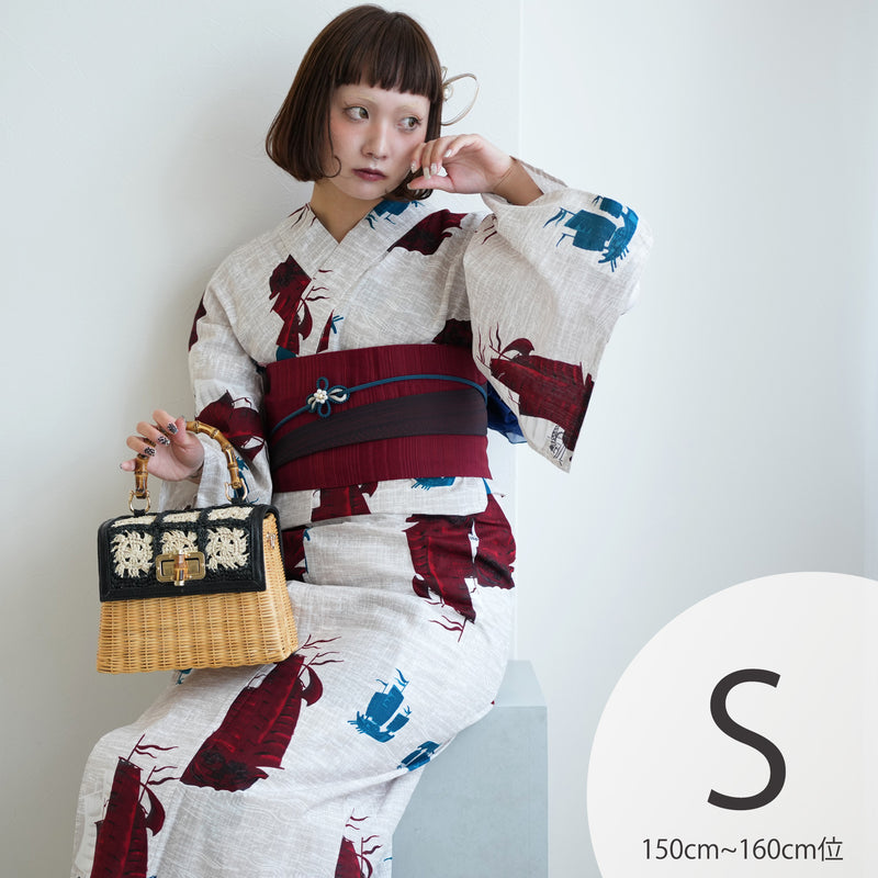 【ニコアンティーク 高級変わり織 浴衣3点セット ( ゆかた・帯・下駄 ) 赤と青の帆船】Sサイズ（150-160cm） 国産生地 国内染色　個性派きもの（5011281111）