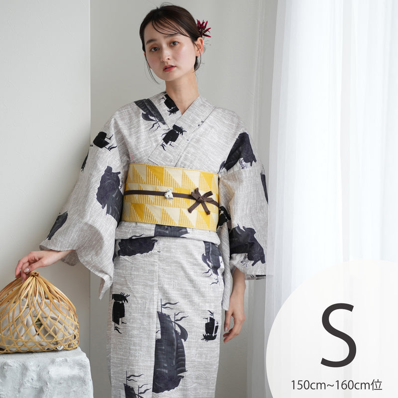 【ニコアンティーク 高級変わり織 浴衣3点セット ( ゆかた・帯・下駄 ) 黒い帆船】 Sサイズ（150-160cm） 国産生地 国内染色　個性派きもの（5011281511）