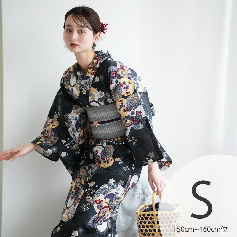 【ニコアンティーク 高級変わり織 浴衣3点セット ( ゆかた・帯・下駄 ) 大正浪漫ブラックに夢幻ねじり梅】Sサイズ（150-160cm） 国産生地 国内染色　個性派きもの（5011281711）