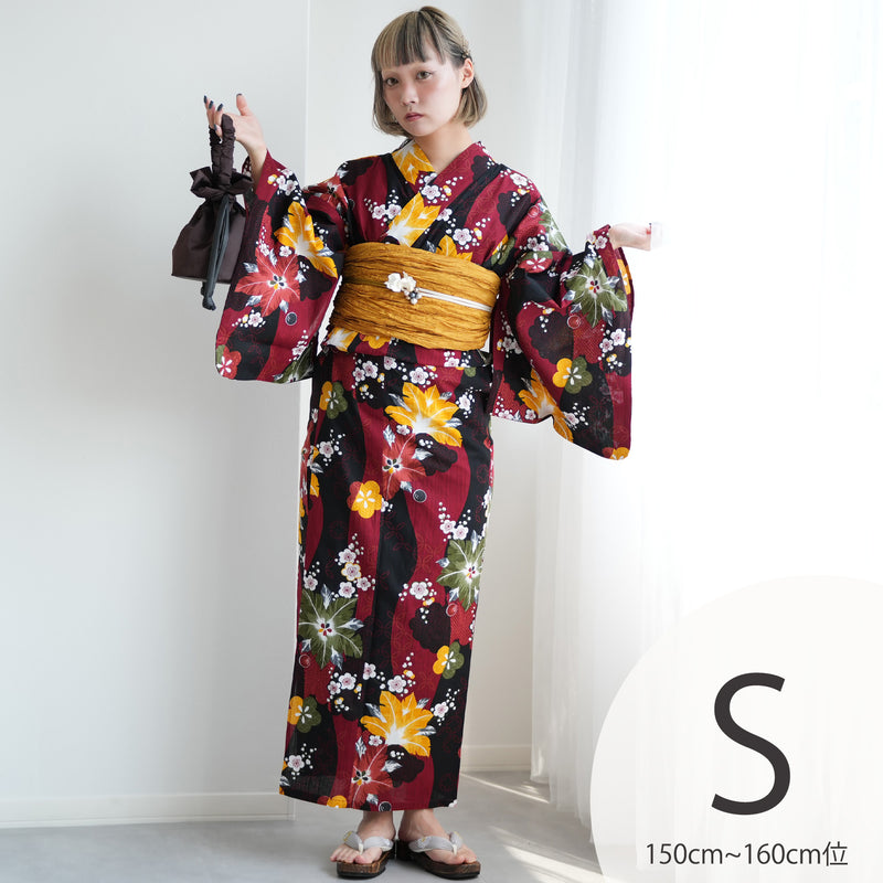 【ニコアンティーク 高級変わり織 浴衣3点セット ( ゆかた・帯・下駄 ) 赤と黒の立沸とレトロ花】 Sサイズ（150-160cm） 国産生地 国内染色　個性派きもの（5011281811）