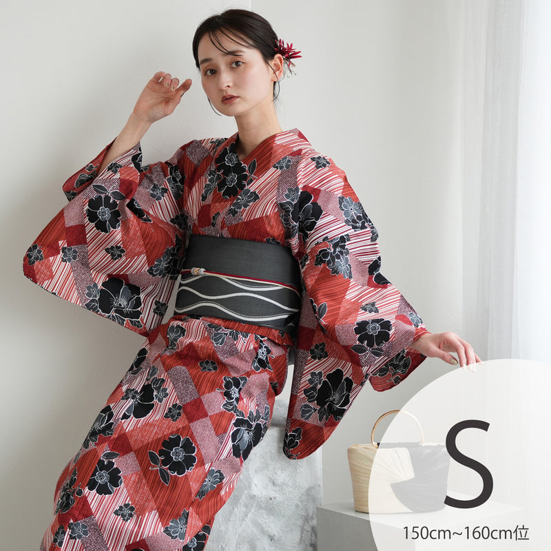 【ニコアンティーク 高級変わり織 浴衣3点セット ( ゆかた・帯・下駄 ) 芙蓉エフェクト レッド】Sサイズ（150-160cm） 国産生地 国内染色　個性派きもの（5011282111）
