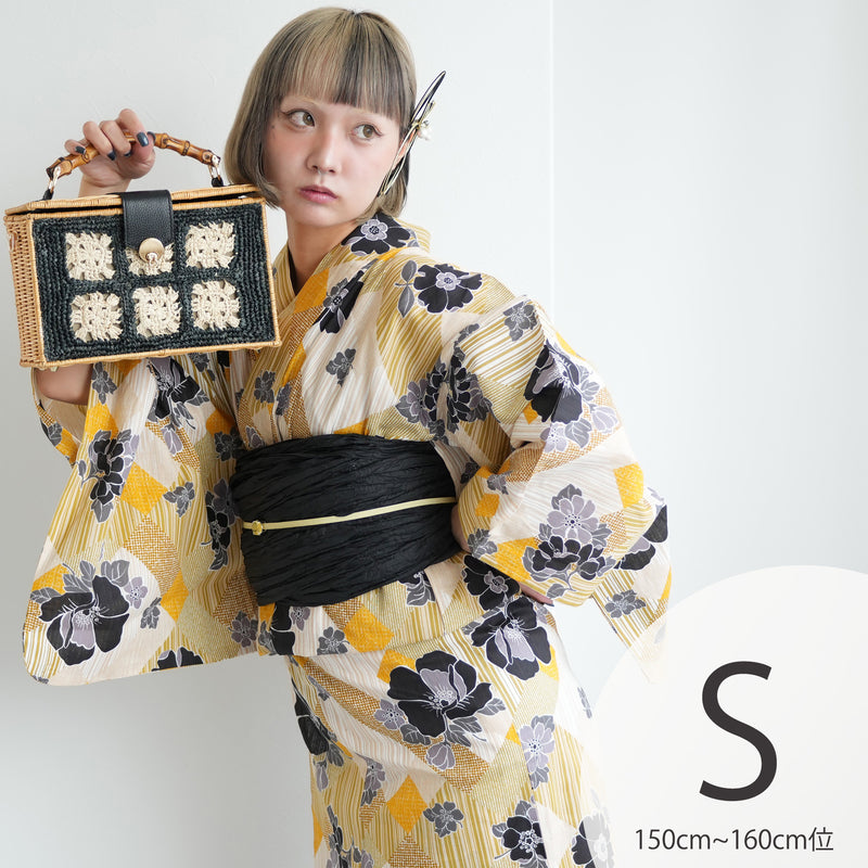 【ニコアンティーク 高級変わり織 浴衣3点セット ( ゆかた・帯・下駄 ) 芙蓉エフェクト イエロー】 Sサイズ（150-160cm） 国産生地 国内染色　個性派きもの（5011282511）