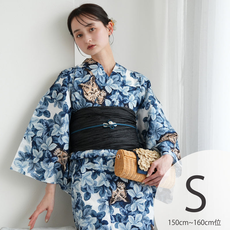 【ニコアンティーク 高級変わり織 浴衣3点セット ( ゆかた・帯・下駄 ) 梟の森　宵】 Sサイズ（150-160cm） 国産生地 国内染色　個性派きもの（5011282611）