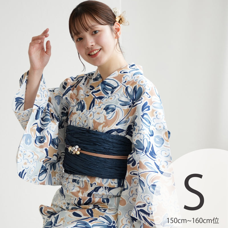 【ニコアンティーク 高級変わり織 浴衣3点セット ( ゆかた・帯・下駄 ) フロスティブルーの花】Sサイズ（150-160cm） 国産生地 国内染色　個性派きもの（5011282811）