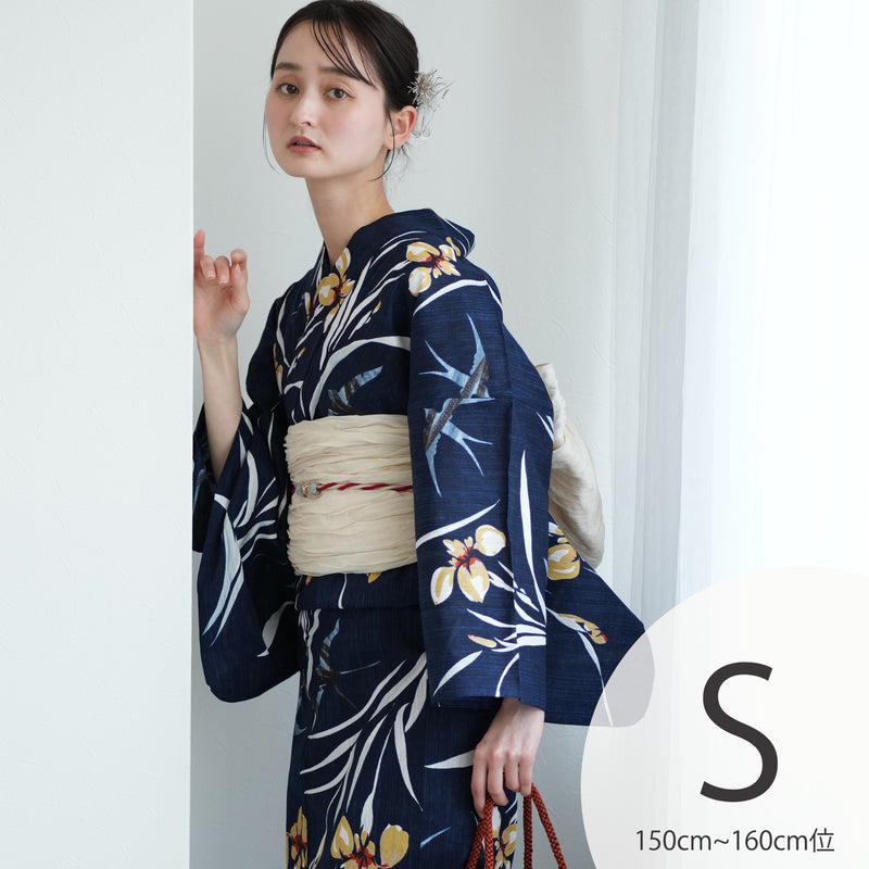 【ニコアンティーク 高級変わり織 浴衣3点セット ( ゆかた・帯・下駄 ) 紺地に菖蒲とつばめ】 Sサイズ（150-160cm） 国産生地 国内染色　個性派きもの（5011282911）