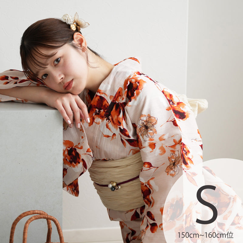 【ニコアンティーク 高級変わり織 浴衣3点セット ( ゆかた・帯・下駄 ) マンダリンガーネットの花】Sサイズ（150-160cm） 国産生地 国内染色　個性派きもの（5011283111）