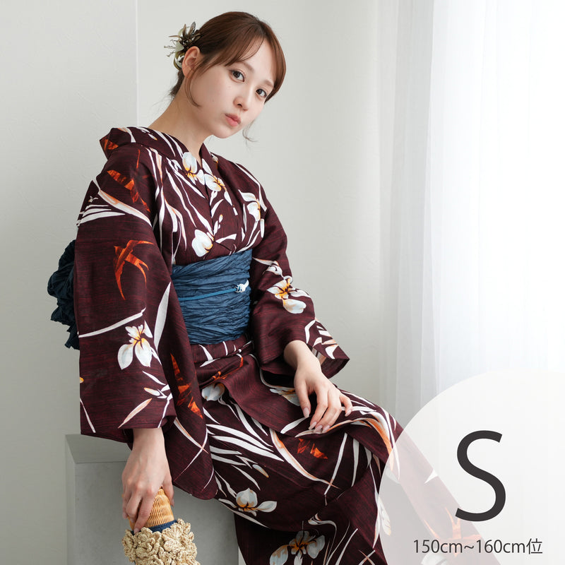 【ニコアンティーク 高級変わり織 浴衣3点セット ( ゆかた・帯・下駄 ) えんじに菖蒲とつばめ】Sサイズ（150-160cm） 国産生地 国内染色　個性派きもの（5011283311）