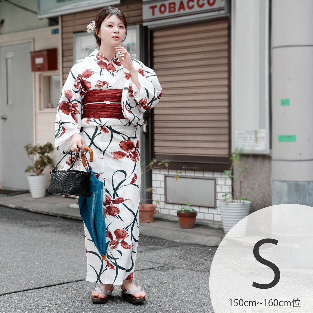 高級変わり織 浴衣3点セット（浴衣・帯・下駄）白地にモダンな赤い菖蒲
