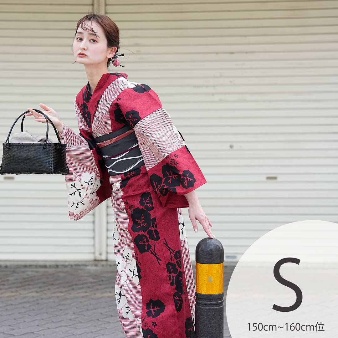 utatane 高級変わり織 浴衣3点セット（浴衣・帯・下駄）赤と黒の縞々