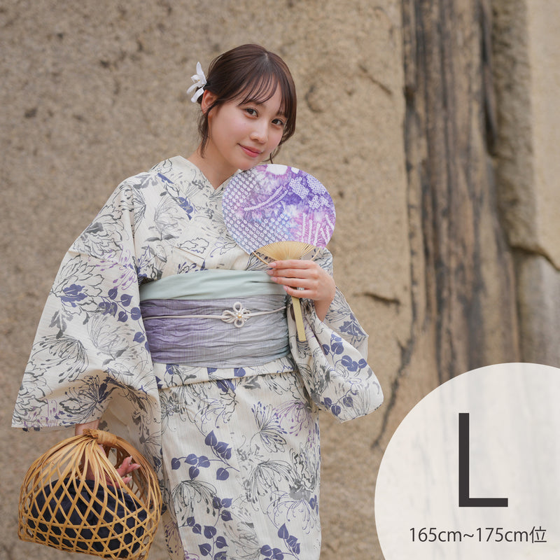 浴衣3点セット（浴衣/帯/下駄） utatane TL トールサイズ（身長165-175cm）ベージュにはんなり糸菊（5012220511）