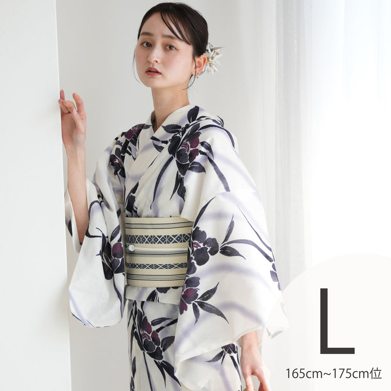 【 utatane 高級変わり織 浴衣3点セット ( ゆかた・帯・下駄 ) レトロホワイトに流れる美人花 】 Lサイズ トールサイズ（身長165-175cm） 国産生地 国内染色 （5012230511）