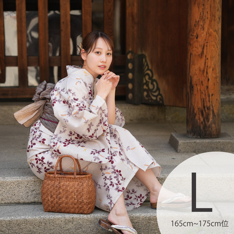 【utatane 高級変わり織 浴衣3点セット ( ゆかた・帯・下駄 ) いちご色に溶け込む萩とトンボ】Lサイズ（165-175cm） 国産生地 国内染色　昭和初期アンティーク復刻版（5012266911）