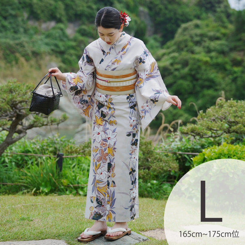 【utatane 高級変わり織 浴衣3点セット ( ゆかた・帯・下駄 )からしの百合片寄せ】Lサイズ（165-175cm） 国産生地 国内染色　個性派きもの（5012267011）