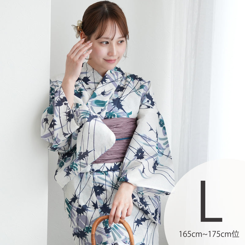 【utatane 高級変わり織 浴衣3点セット ( ゆかた・帯・下駄 ) 杢ベージュに涼しげ菖蒲とアザミ】 Lサイズ（165-175cm） 国産生地 国内染色　昭和初期アンティーク復刻版（5012267611）