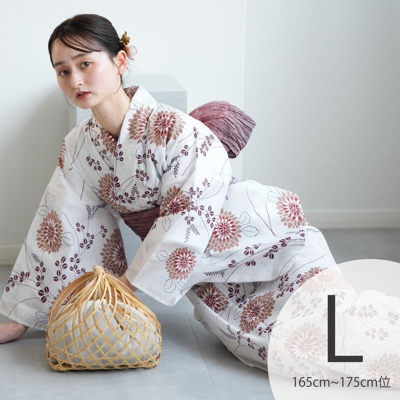 【utatane 高級変わり織 浴衣3点セット ( ゆかた・帯・下駄 ) 煉瓦色の剣菊と萩】 Lサイズ（165-175cm） 国産生地 国内染色　昭和初期アンティーク復刻版（5012267711）