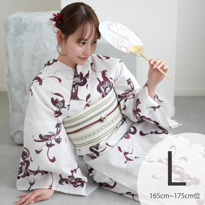【utatane 高級変わり織 浴衣3点セット ( ゆかた・帯・下駄 ) 赤紫とグリーンの乱菊】 Lサイズ（165-175cm） 国産生地 国内染色　昭和初期アンティーク復刻版（5012267911）