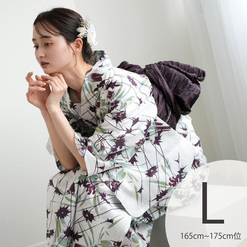 【utatane 高級変わり織 浴衣3点セット ( ゆかた・帯・下駄 ) 杢グレージュに上品菖蒲とアザミ】Lサイズ（165-175cm） 国産生地 国内染色　昭和初期アンティーク復刻版（5012268011）