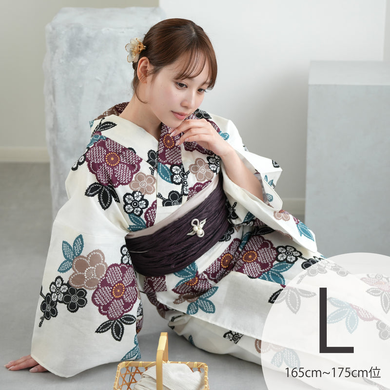 【utatane 高級変わり織 浴衣3点セット ( ゆかた・帯・下駄 ) きなりに紫の疋田梅】 Lサイズ（165-175cm） 国産生地 国内染色　昭和初期アンティーク復刻版（5012268111）