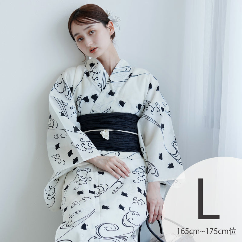 【utatane 高級変わり織 浴衣3点セット ( ゆかた・帯・下駄 ) きなりぼかしに黒千鳥】 Lサイズ（165-175cm） 国産生地 国内染色　昭和初期アンティーク復刻版（5012268211）